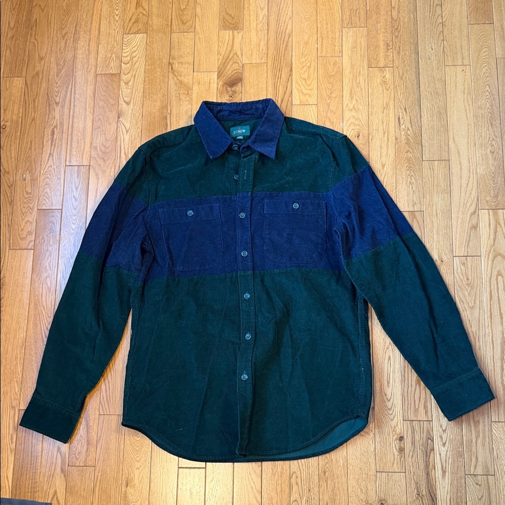 J. Crew Men's Dark Green and Navy Corduroy Button Down Shirt